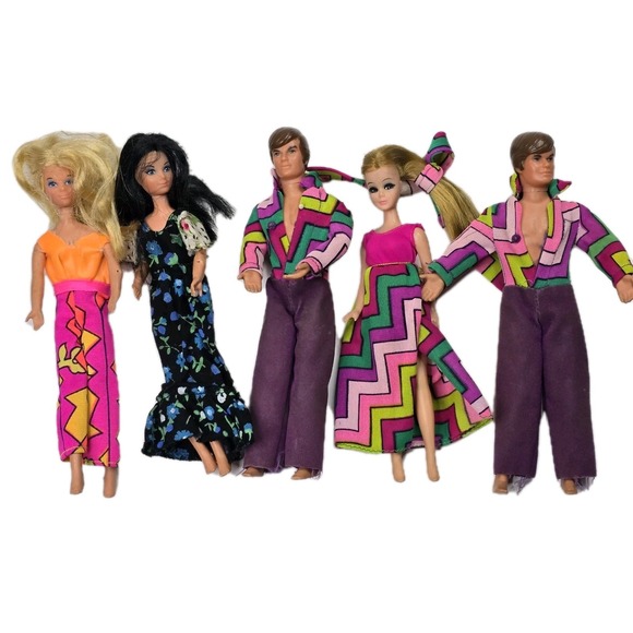 Mattel 1970s Rock Flowers Dolls Lot (5) – Doug + Girls – Psychedelic Mod Outfits